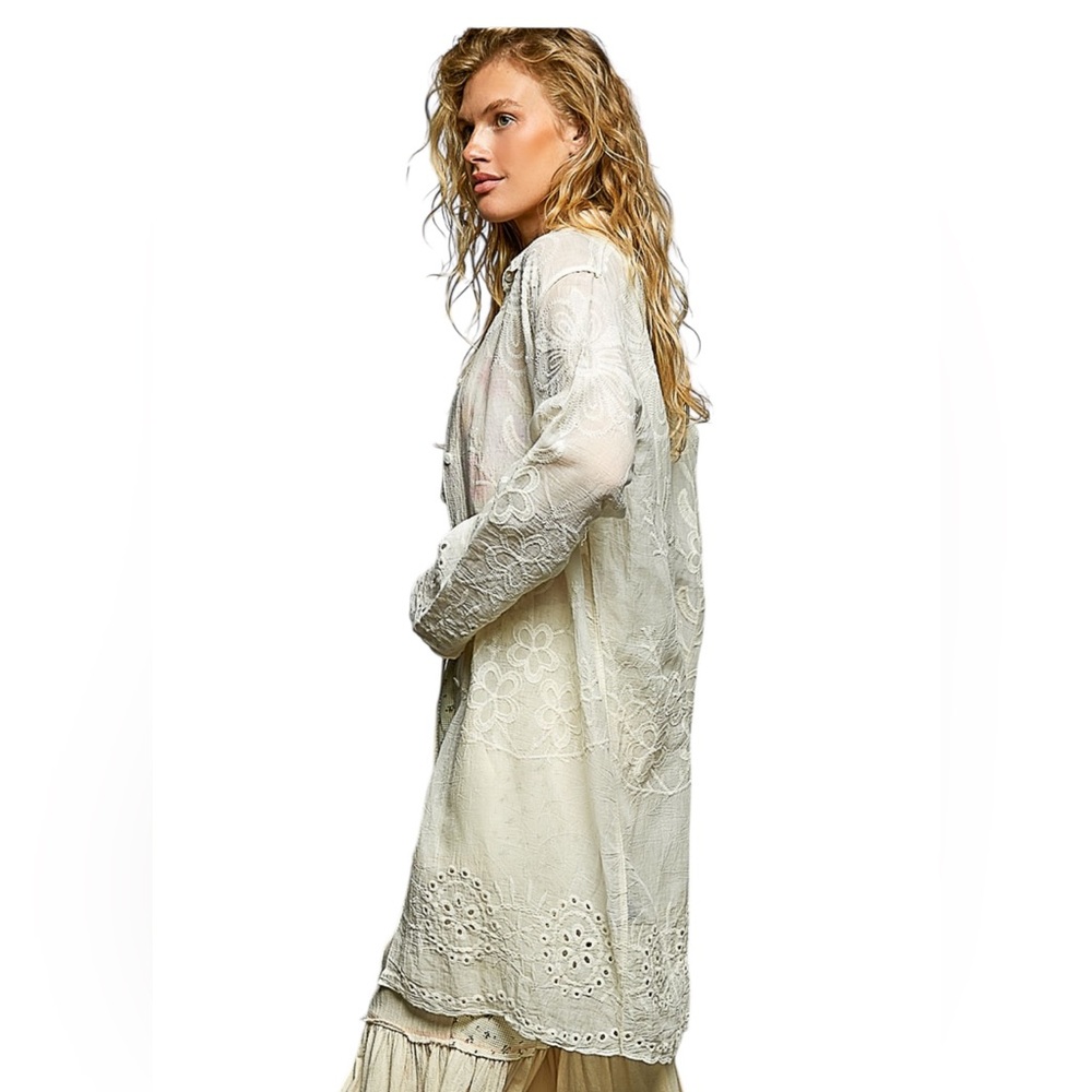 POL IVORY EMBROIDERED Long Sleeve Button up Cotton Shacket